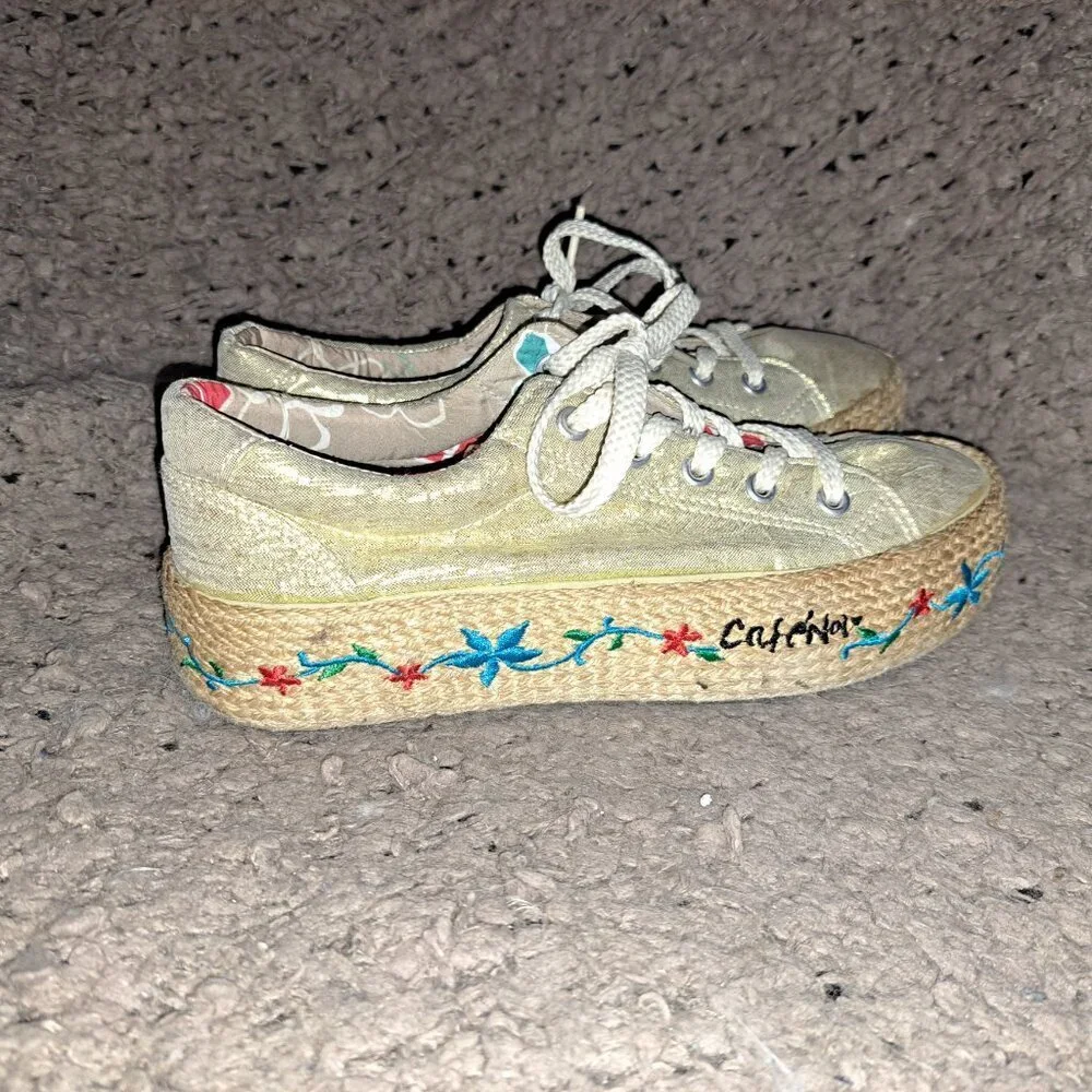 CAFE NOIR-Metallic Gold Fabric-Embroidered Espadrille Sneakers-Sz 37-Excellent